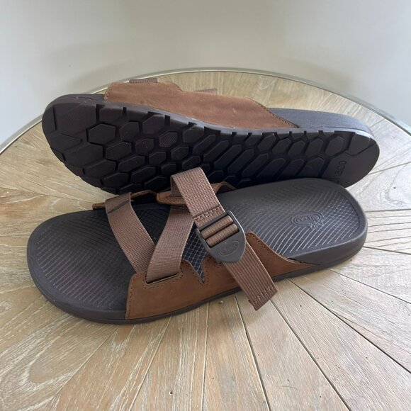 CHACO CushZ Brown Leather & Webbed Straps Mens Sandals Slides size 13 Like New